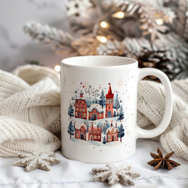 Weiße Keramiktasse mit einem detaillierten Winterdorf-Motiv, umgeben von festlichen Dekorationen wie Sternanis, schimmernden Schneeflocken und einer weißen Strickdecke, vor einem weihnachtlichen Hintergrund mit Lichtern und Tannenzweigen.